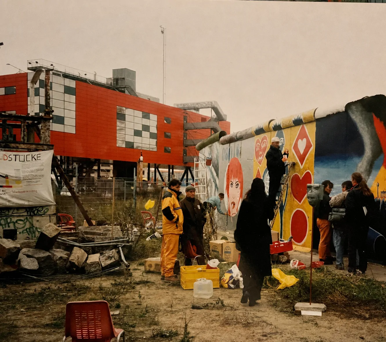 Wee Flowers painting a Berlin Wall segment at Potsdamer Platz