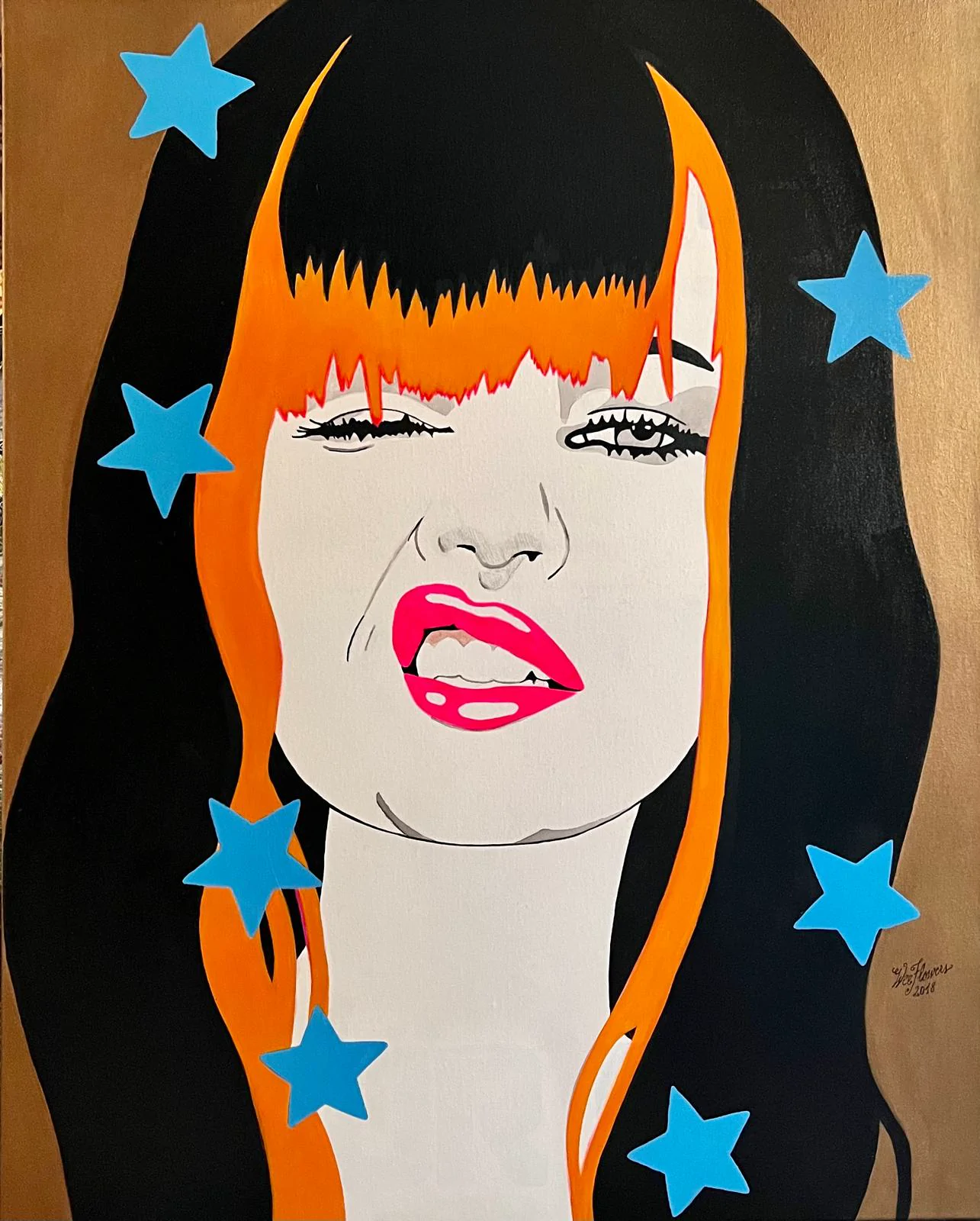 Pop art — orange-haired portrait with blue stars